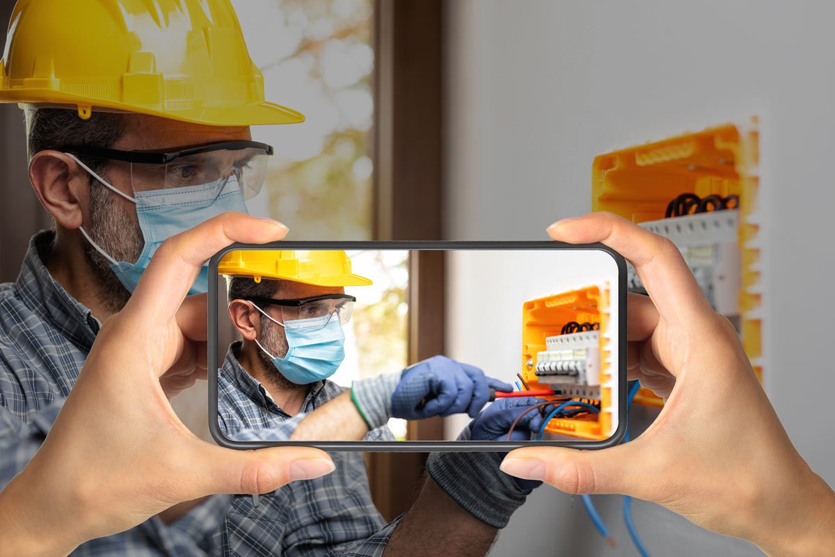 taking photo of electrician wearing mask